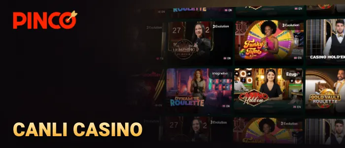 Canlı casino kategorisinde rulet çarkı ve kart masası gösteren oyun arayüzü